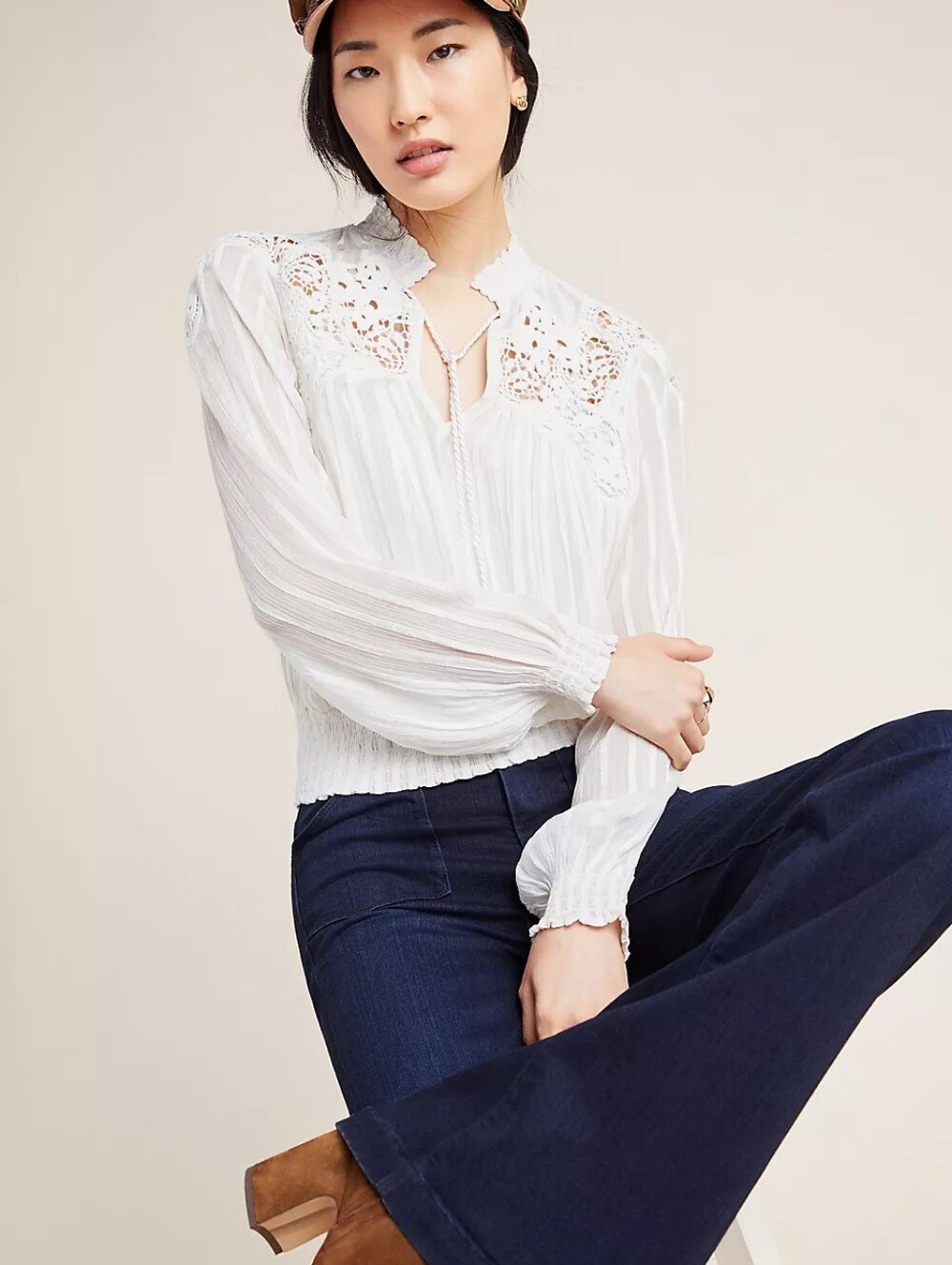 Anthropologie Moira peasant blouse intricate lace smocked cuffs V Neck 0 - Picture 3 of 9